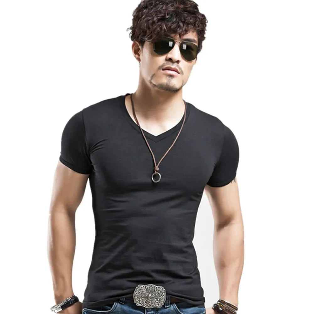 2026 Brand New Men T-Shirt Tops V-neck Short Sleeve Tees Men's Fashion Fitness Hot T-shirt For Male Man T-shirt Size 5XL