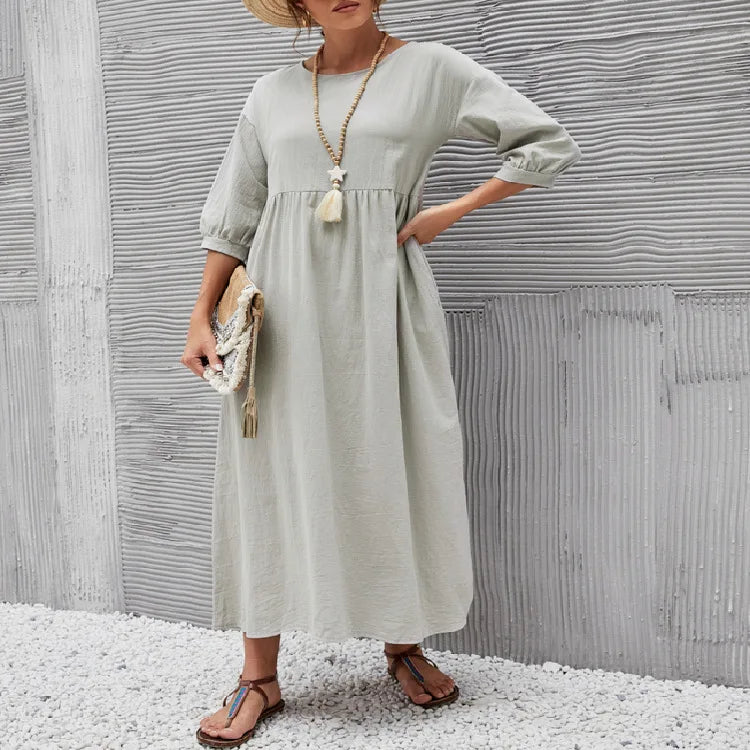 Women's Cotton Linen Dress Summer Fashion Vintage Loose Solid Lantern Sleeve Pocket Dresses O-Neck Long Femel Robe Ladies Wear
