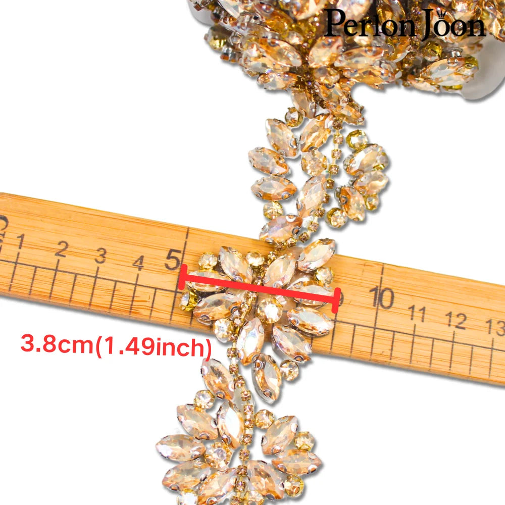 1Yard Hot Fix Cristal Flower Gold Iron On Rhinestone Applique Garment Dresses Bridal Headbands Bag Decoration Accessorie TR170