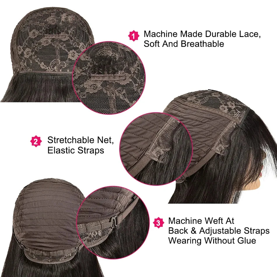 Peruvian Straight Human Hair Wig With Bangs Full Machine Made Wig 250% Density Perruques Cheveux Humains Cheap On Sale Clearance