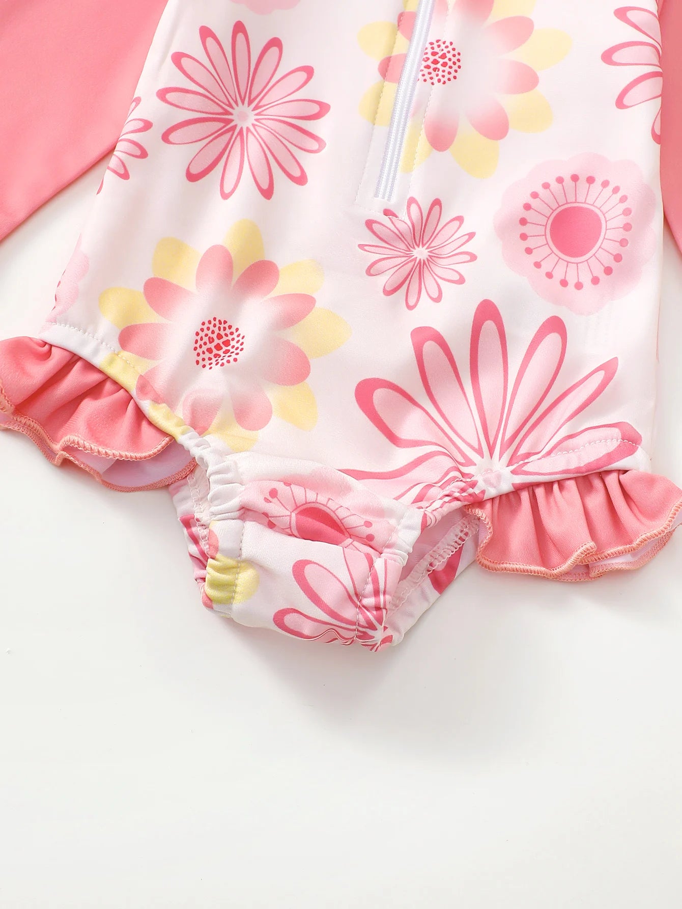Baby Girl Summer Cute Flower Long Sleeve Onesie Swimsuit with Sun Hat Infant Swimming Suit with UV Protection