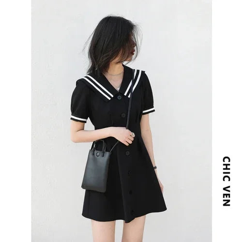 CHIC VEN Korean Women Dresses Black Short Sleeve Navy Collar Dress for Woman Office Lady Female Party College Summer 2025