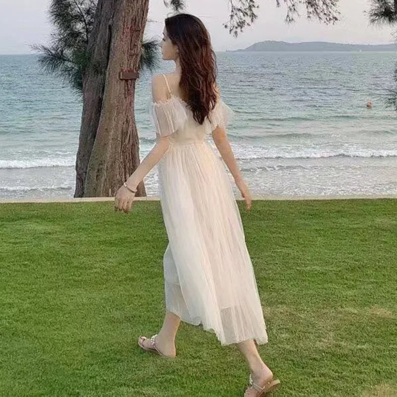 Fairycore Mesh Dress Woman 2023 Summer Low Chest Off Shoulder Lace-Up White Dresses Women Sexy Sweet Spaghetti Strap Dress
