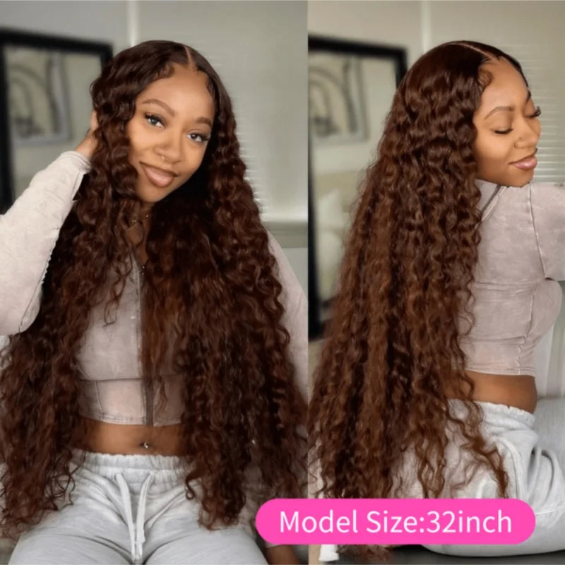 Chocolate Brown Deep Wave 13x4 HD Lace Frontal Wigs Human Hair Transparent Pre-Plucked 250% Density Water Wave Lace Frontal Wigs