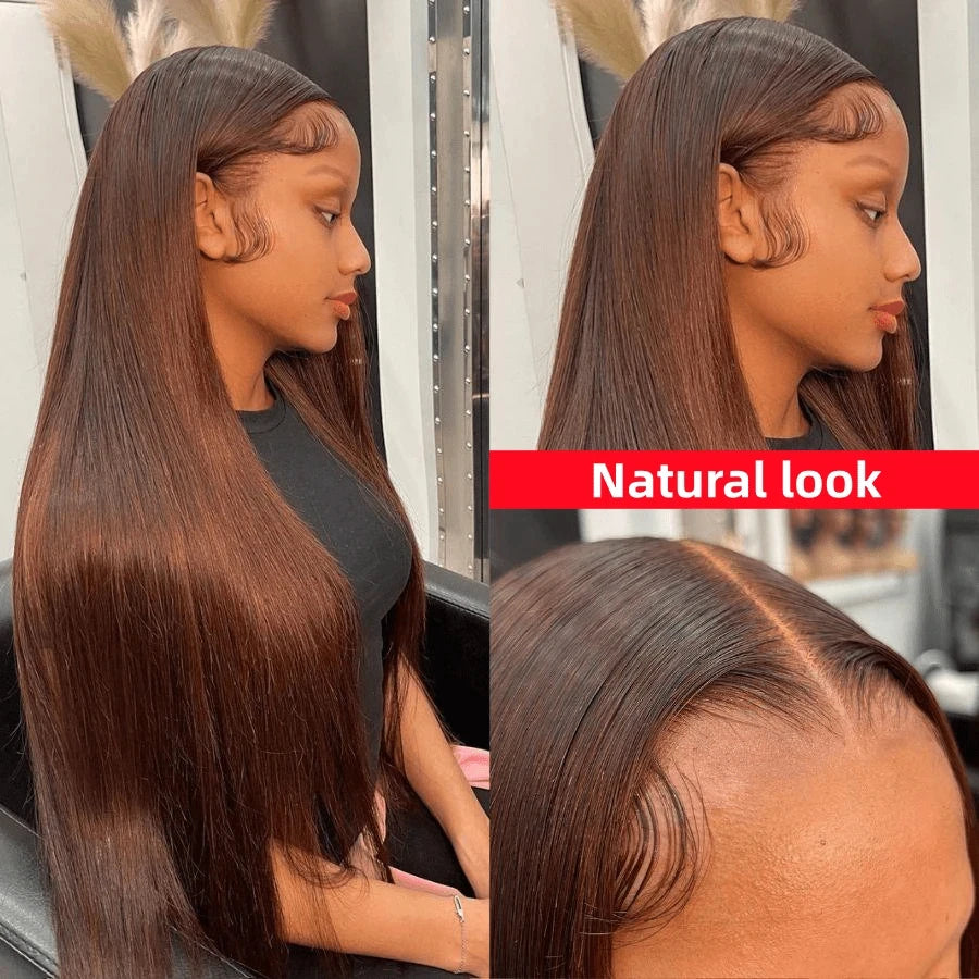 30 Inch Chocolate Brown Colored 13x4 HD Transparent Lace Front Human Hair Wigs Remy Straight Human Hair #4 Colored Frontal Wigs