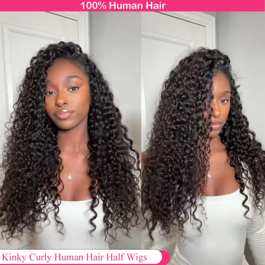 Half Wig Human Hair Kinky Curly Glueless Wig Human Hair Ready to Wear 3 IN 1 Half Wig With Drawstring 250 Density Curly Half Wig