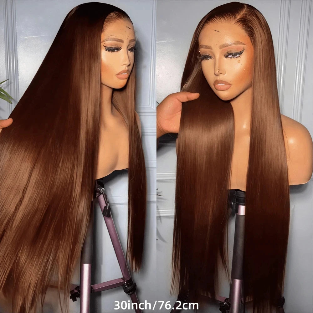 30 Inch Chocolate Brown Colored 13x4 HD Transparent Lace Front Human Hair Wigs Remy Straight Human Hair #4 Colored Frontal Wigs