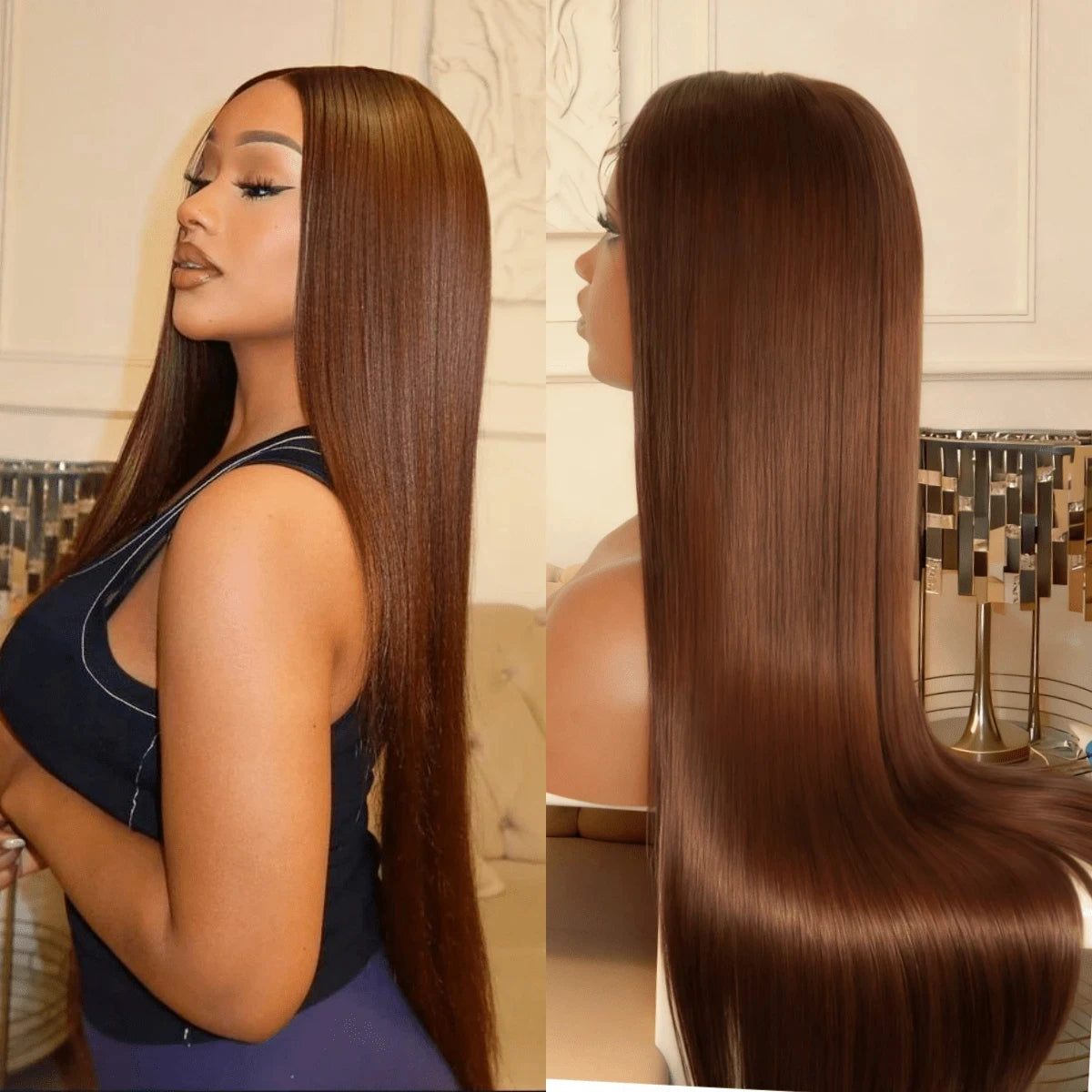 30 Inch Chocolate Brown Colored 13x4 HD Transparent Lace Front Human Hair Wigs Remy Straight Human Hair #4 Colored Frontal Wigs