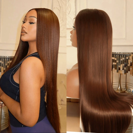 30 Inch Chocolate Brown Colored 13x4 HD Transparent Lace Front Human Hair Wigs Remy Straight Human Hair #4 Colored Frontal Wigs