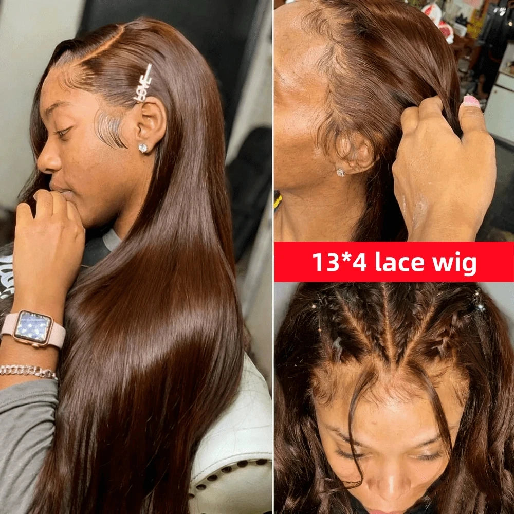 30 Inch Chocolate Brown Colored 13x4 HD Transparent Lace Front Human Hair Wigs Remy Straight Human Hair #4 Colored Frontal Wigs