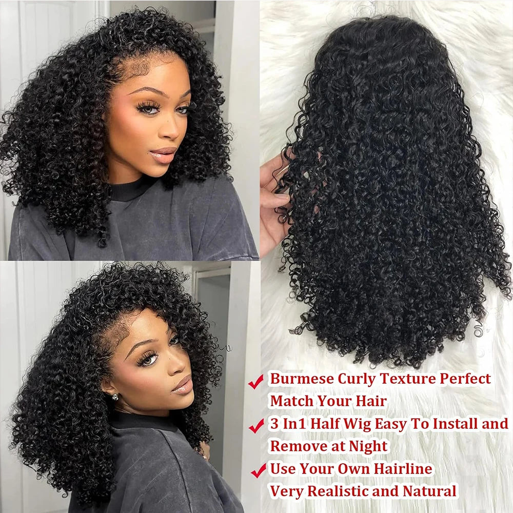 Half Wig Human Hair Kinky Curly Glueless Wig Human Hair Ready to Wear 3 IN 1 Half Wig With Drawstring 250 Density Curly Half Wig