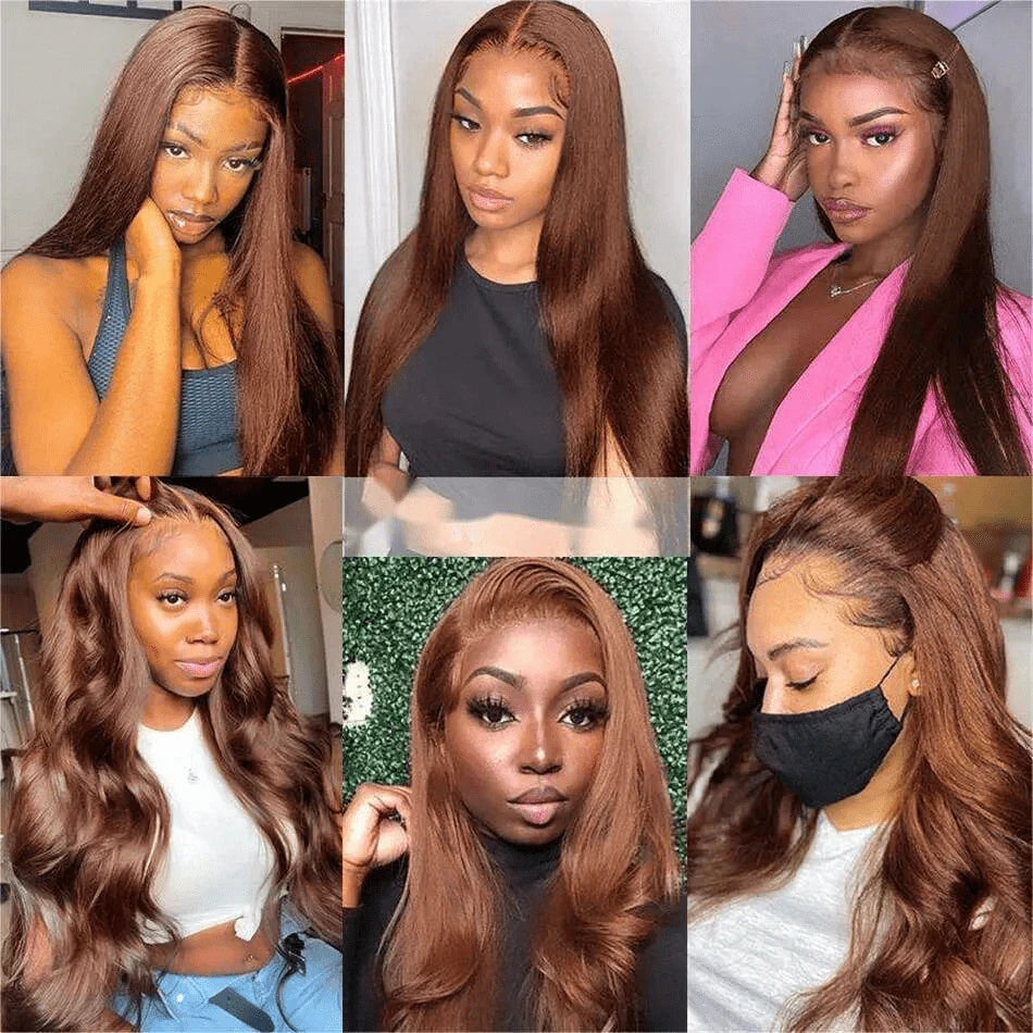 30 Inch Chocolate Brown Colored 13x4 HD Transparent Lace Front Human Hair Wigs Remy Straight Human Hair #4 Colored Frontal Wigs