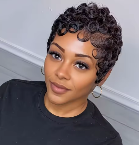 Perruque Courte Coupe Pixie avec Style Bob Frisé Crépu Ondulé au Doigt