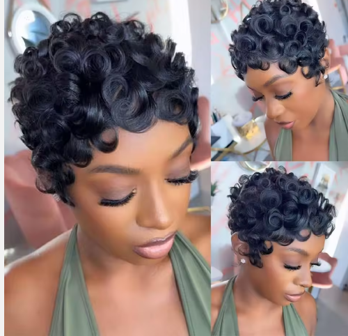 Perruque Courte Coupe Pixie avec Style Bob Frisé Crépu Ondulé au Doigt