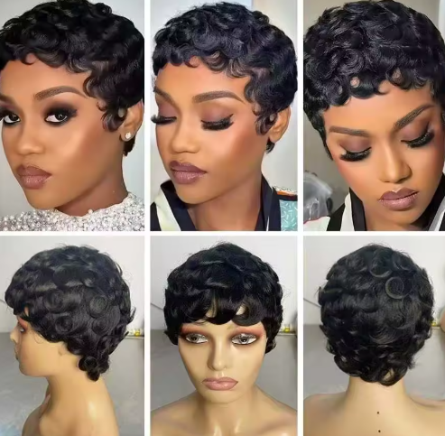 Perruque Courte Coupe Pixie avec Style Bob Frisé Crépu Ondulé au Doigt