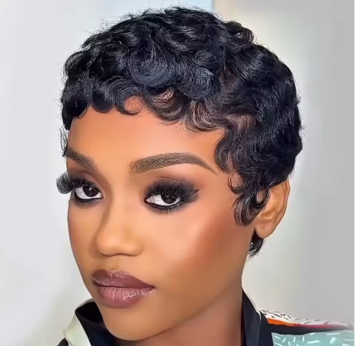 Perruque Courte Coupe Pixie avec Style Bob Frisé Crépu Ondulé au Doigt