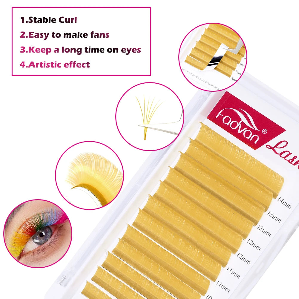 Fadvan Colorful Easy Fanning Eyelash Extensions Red Green Blue Brown Purple Colorful Auto Blooming Makeup Lashes 15-20mm Long