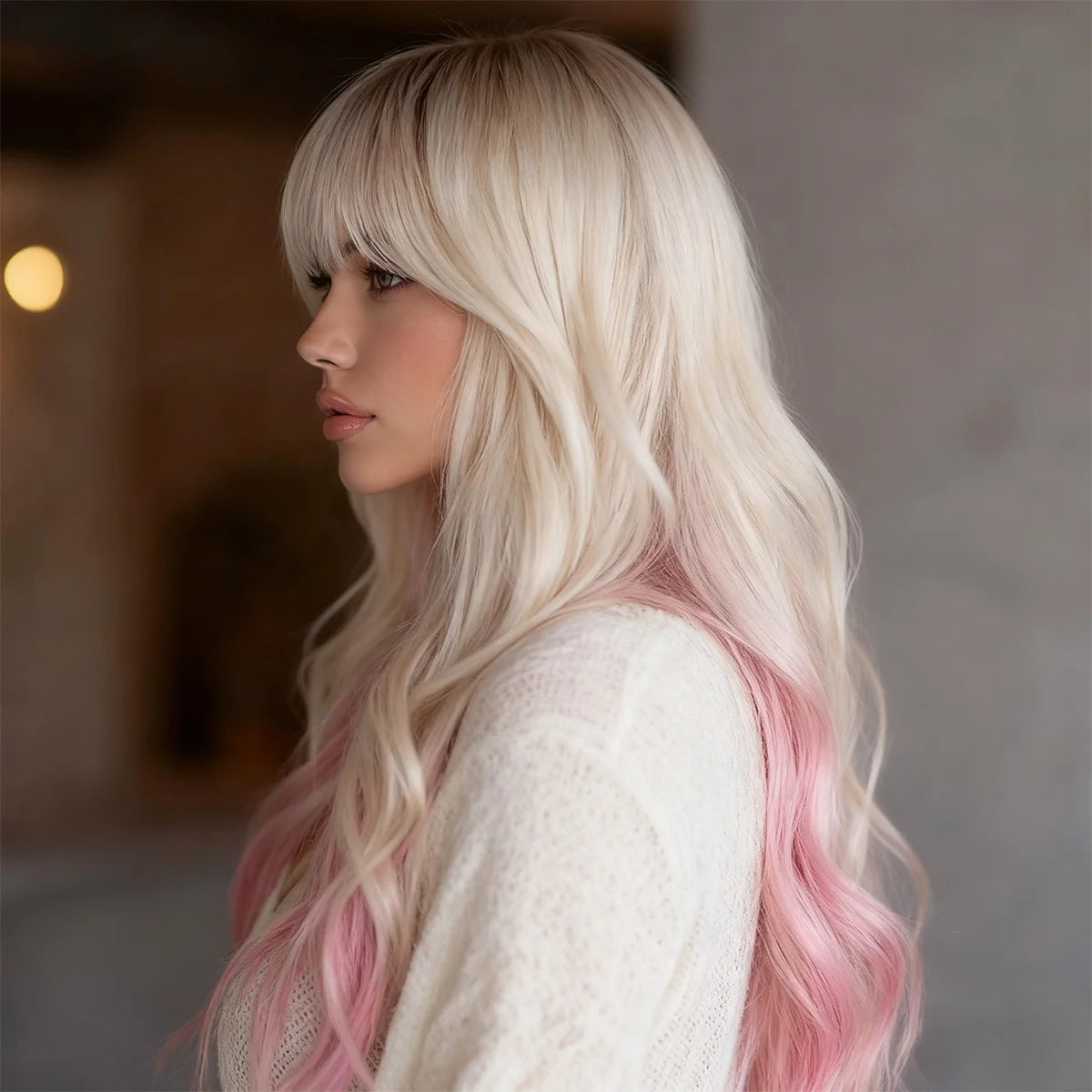 Wholesale New Wig Ladies Natural Split Gradient Gold Dotted pink Long Curly Hair Full Wig Headdress Manufacturer  Blonde SM390