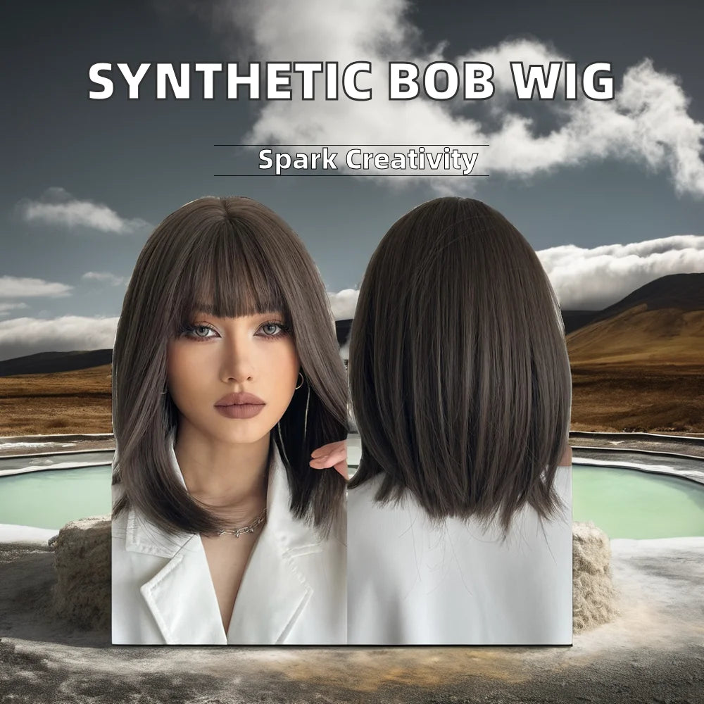Factory Outlet Heat Resistant Rose Net Wig Straight Black Brown Bangs Synthetic Bob Short Hair High Temperature Fiber High