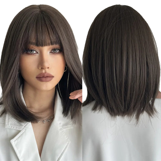 Factory Outlet Heat Resistant Rose Net Wig Straight Black Brown Bangs Synthetic Bob Short Hair High Temperature Fiber High