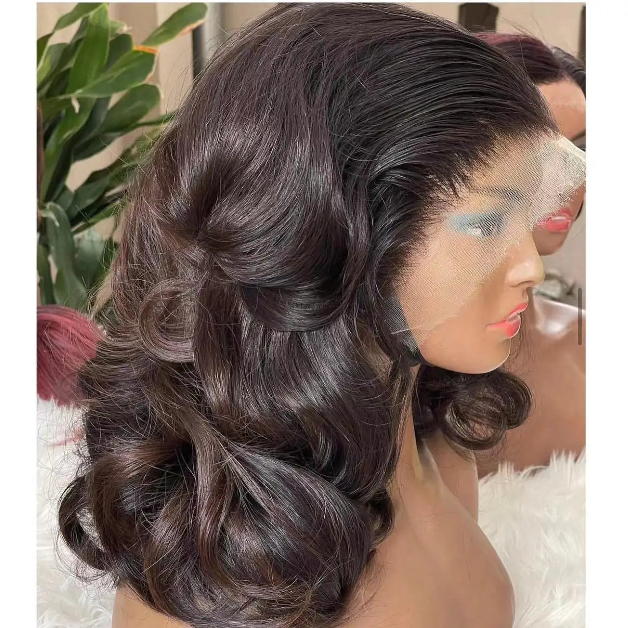 Perruque à front en dentelle de haute qualité pour femmes, base en soie transparente, résistante à la chaleur, ondulée lâche profonde bouclée afro noire