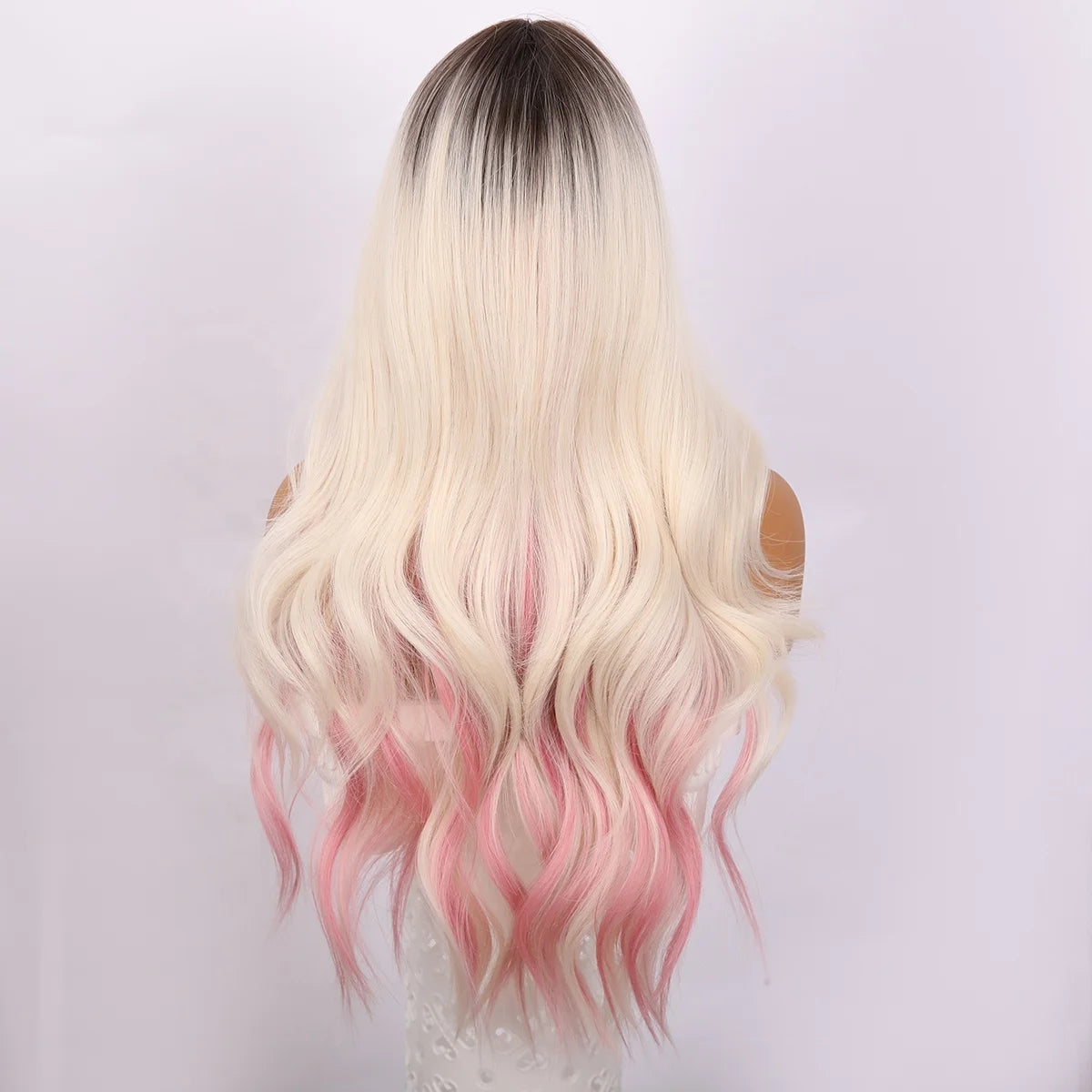 Wholesale New Wig Ladies Natural Split Gradient Gold Dotted pink Long Curly Hair Full Wig Headdress Manufacturer  Blonde SM390