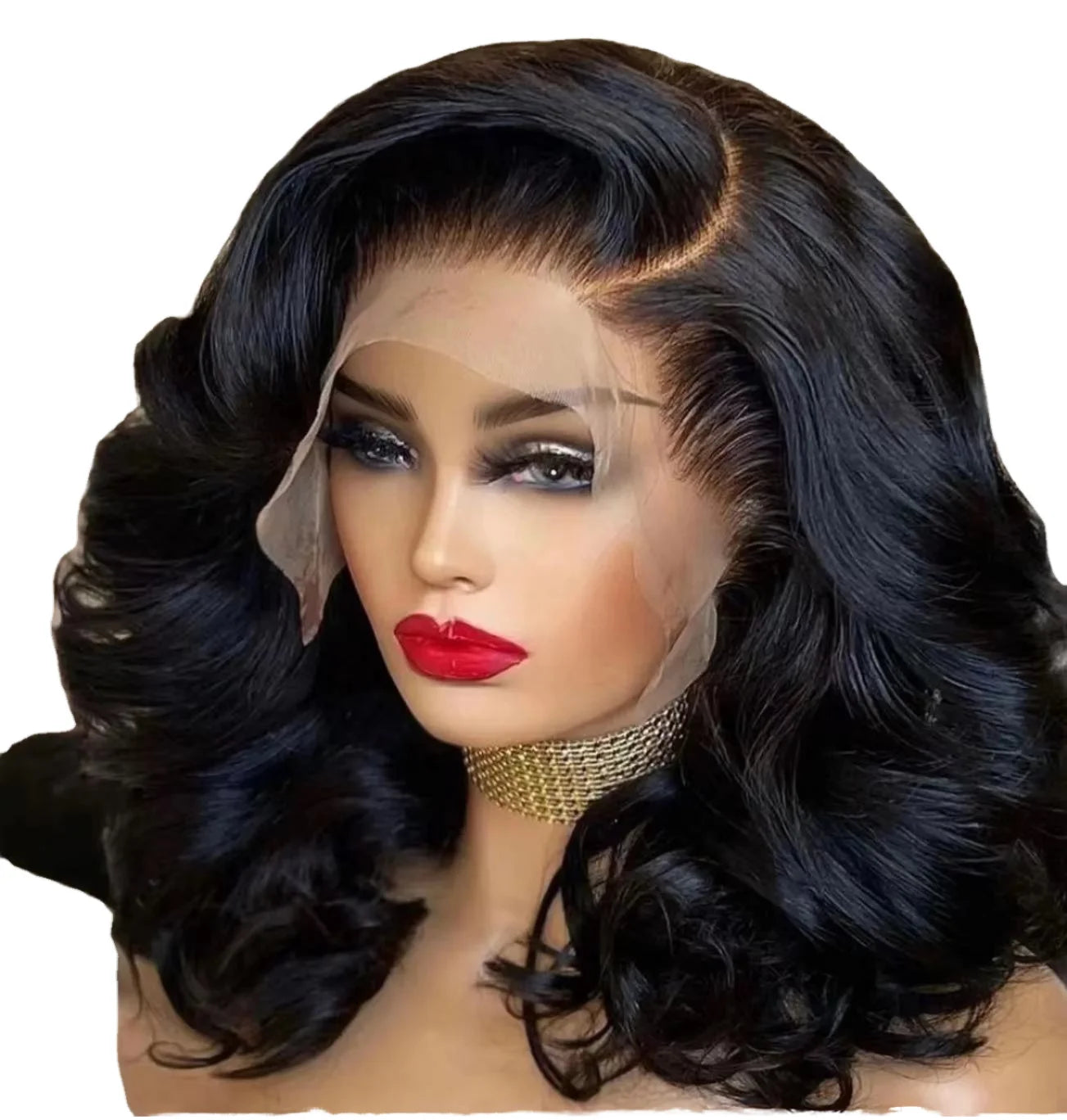 Perruque à front en dentelle de haute qualité pour femmes, base en soie transparente, résistante à la chaleur, ondulée lâche profonde bouclée afro noire