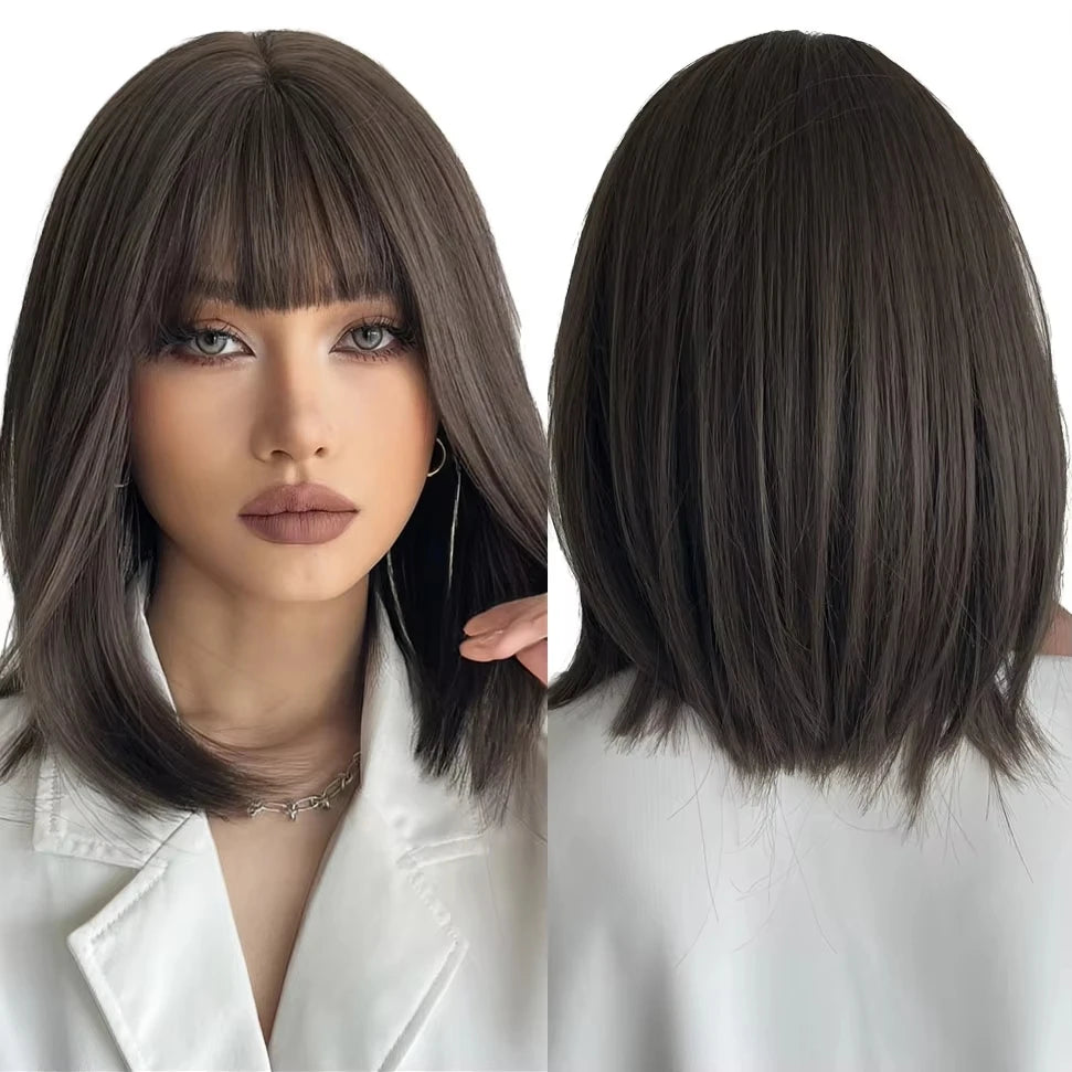 Factory Outlet Heat Resistant Rose Net Wig Straight Black Brown Bangs Synthetic Bob Short Hair High Temperature Fiber High