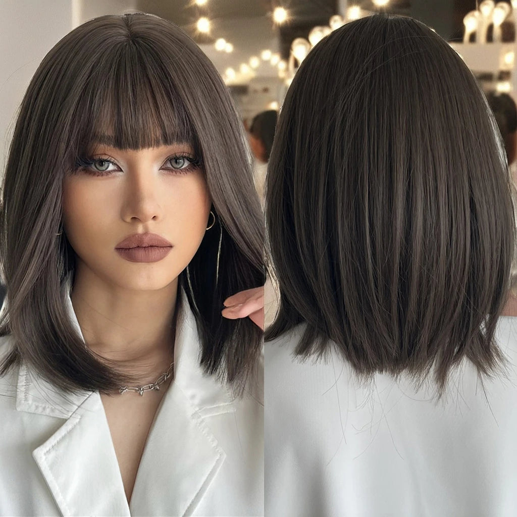 Factory Outlet Heat Resistant Rose Net Wig Straight Black Brown Bangs Synthetic Bob Short Hair High Temperature Fiber High