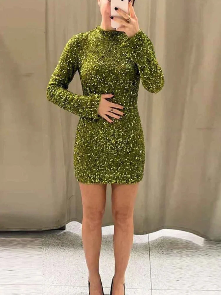 Green Sequined Mini Dress Women O-neck Long Flare Sleeve Shoulder Pad Slim Party Dresses 2026 Spring New Lady Evening Gowns