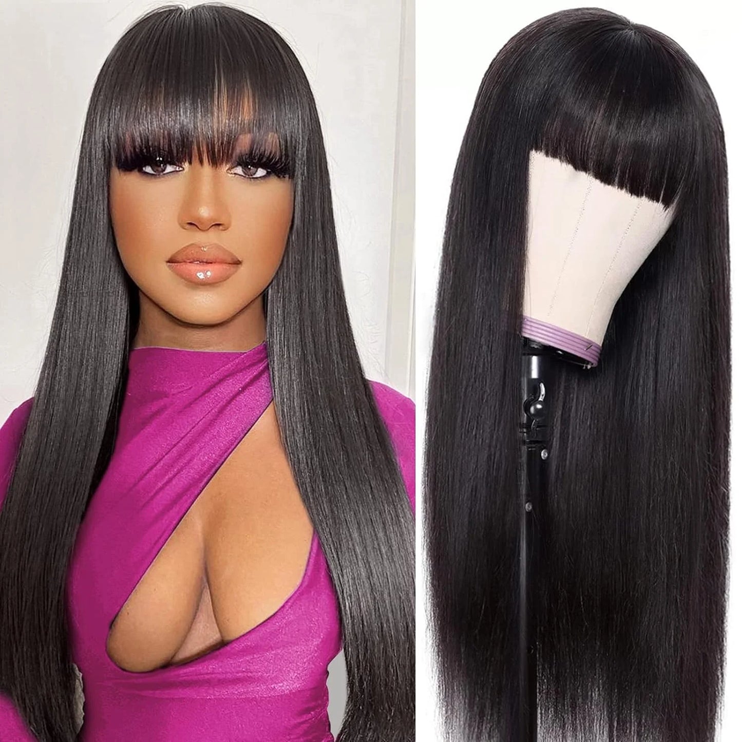 Peruvian Straight Human Hair Wig With Bangs Full Machine Made Wig 250% Density Perruques Cheveux Humains Cheap On Sale Clearance