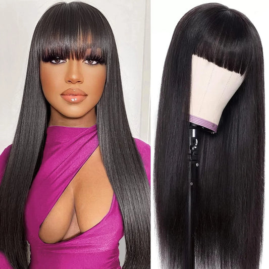 Peruvian Straight Human Hair Wig With Bangs Full Machine Made Wig 250% Density Perruques Cheveux Humains Cheap On Sale Clearance