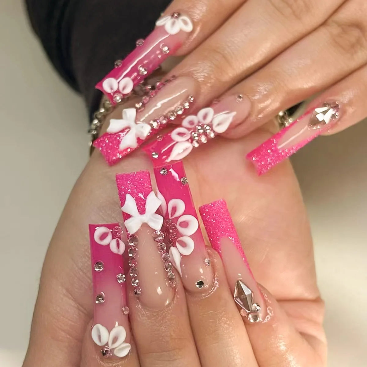 24 faux ongles carrés longs à poser avec imprimé léopard, design français 3D cerise, strass, couvrant entièrement