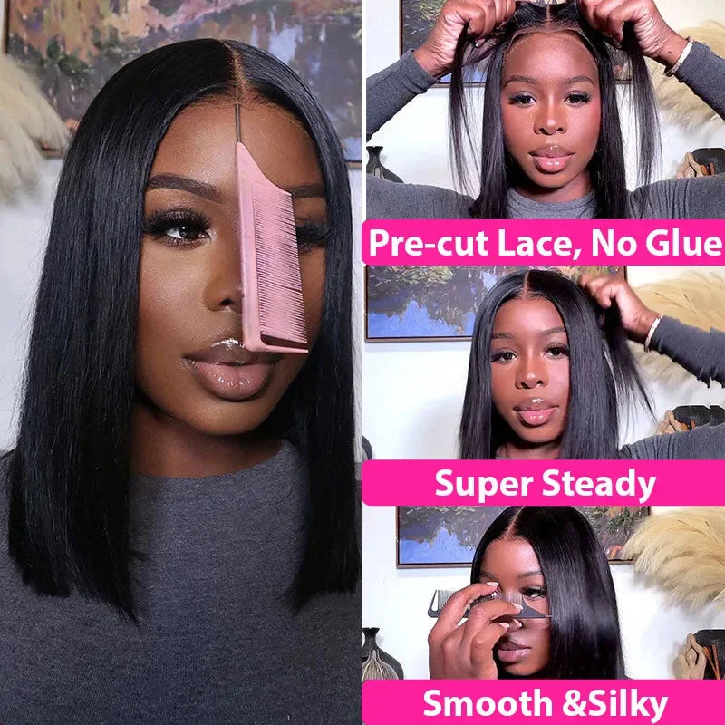 Wear Go Glueless Bob Wig Lace Front Human Hair Wigs Short Bob HD Lace Frontal Wig Straight 4x4 HD Transparent Lace Closure Wigs