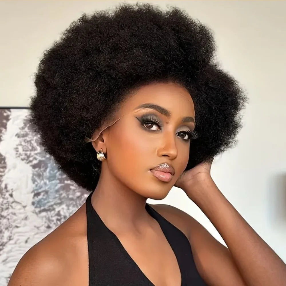 13X4 Lace Frontal Afro Kinky Curly Human Hair Short Pixie Cut Wigs For Women Short Curly Pixie Remy Wig Black Color 250% Density