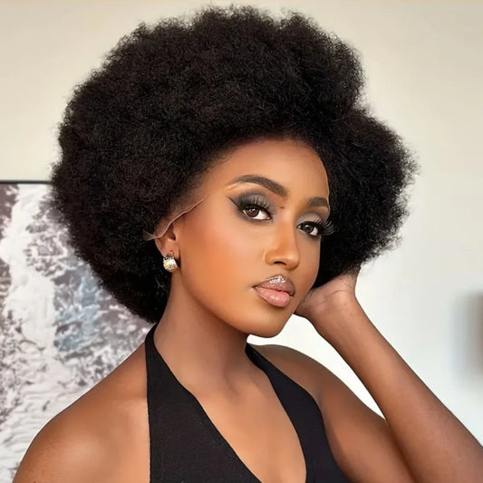 13X4 Lace Frontal Afro Kinky Curly Human Hair Short Pixie Cut Wigs For Women Short Curly Pixie Remy Wig Black Color 250% Density