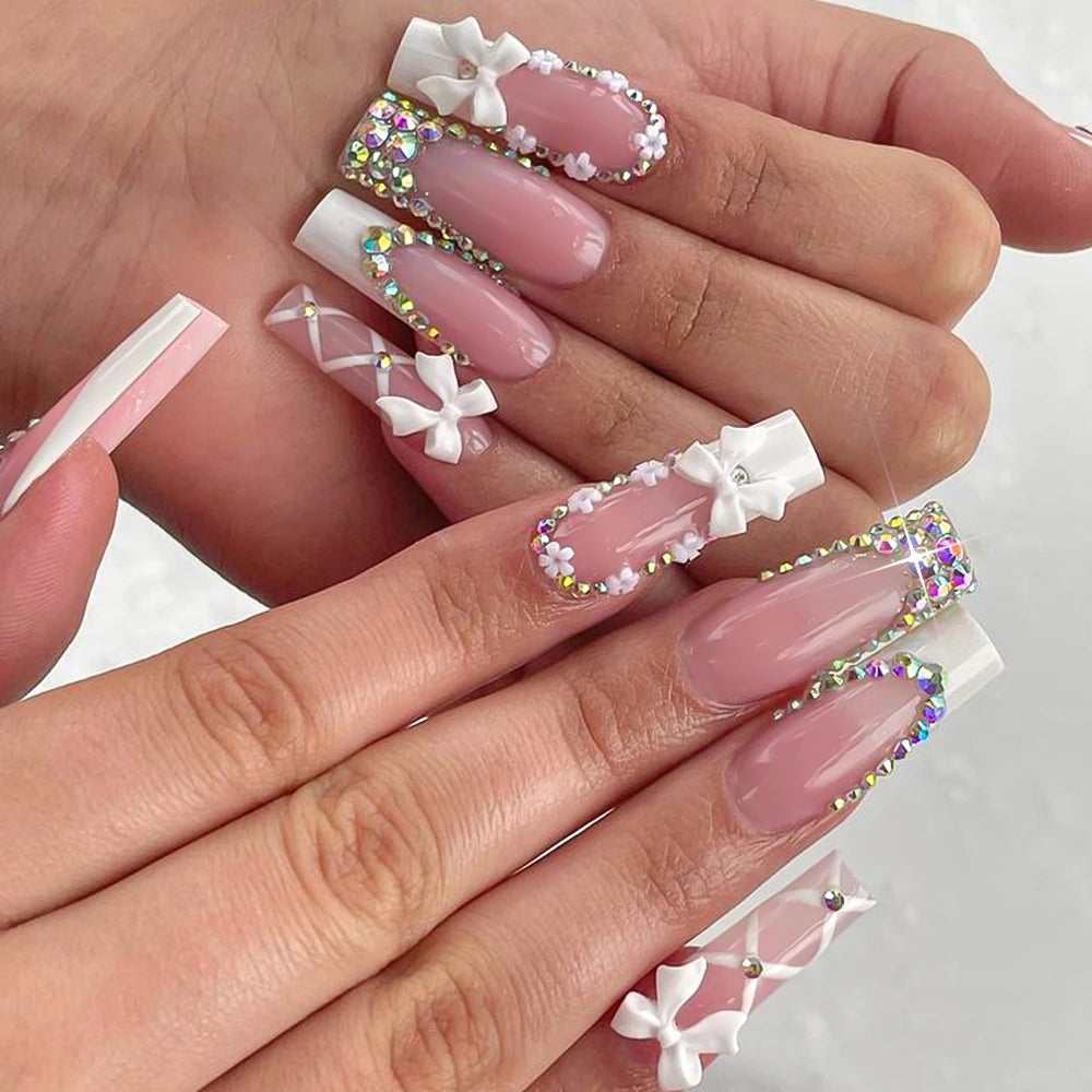 24 pièces ongles faux français cercueil longs rétro fleurs perles caviar design floral doré creux press on Y2k acrylique faux ongles