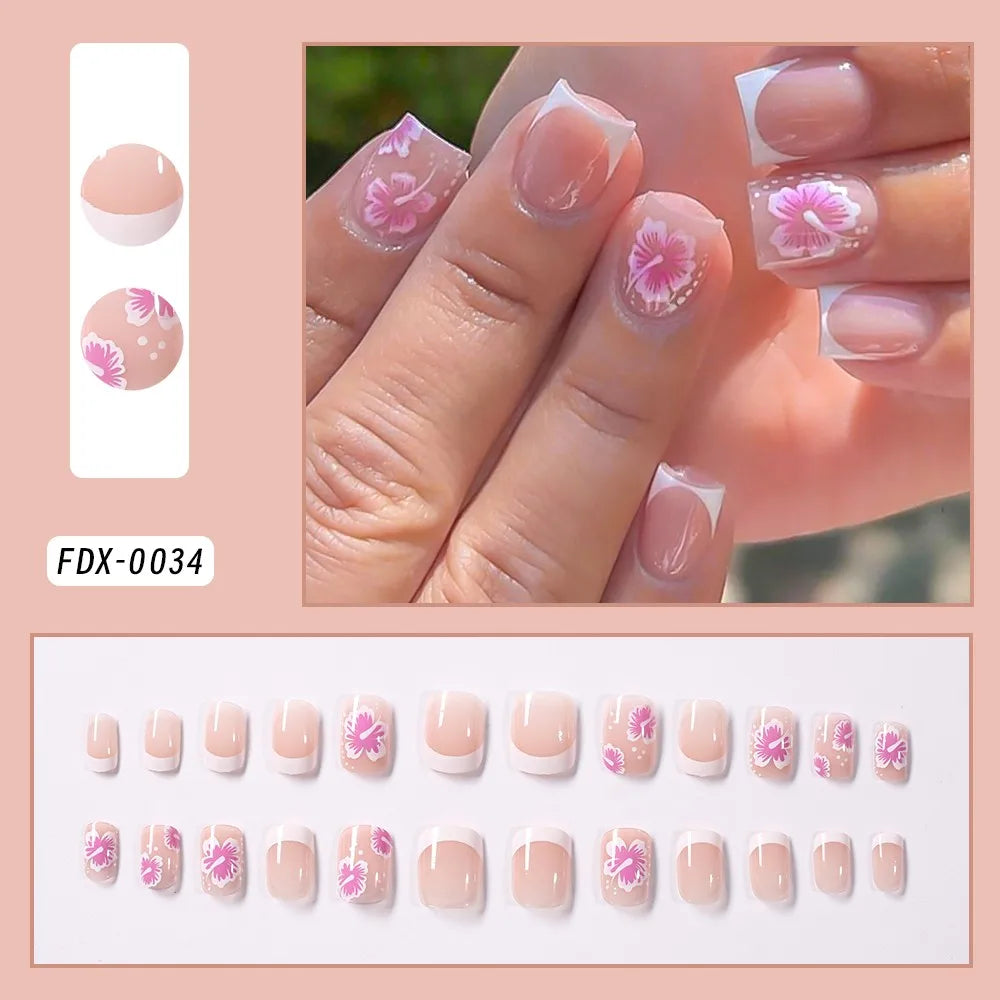 24 pièces ongles en acrylique moyens longs faux ongles amovibles français ensemble de faux ongles à porter couverture complète ballet press-on & 7Y