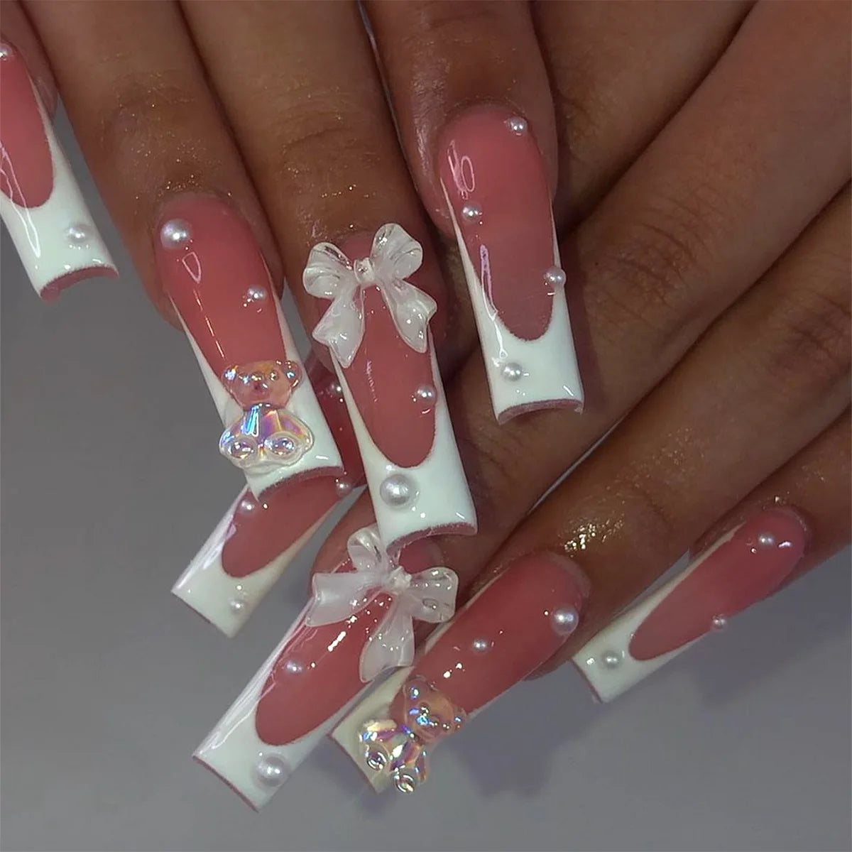 24 faux ongles carrés longs à poser avec imprimé léopard, design français 3D cerise, strass, couvrant entièrement