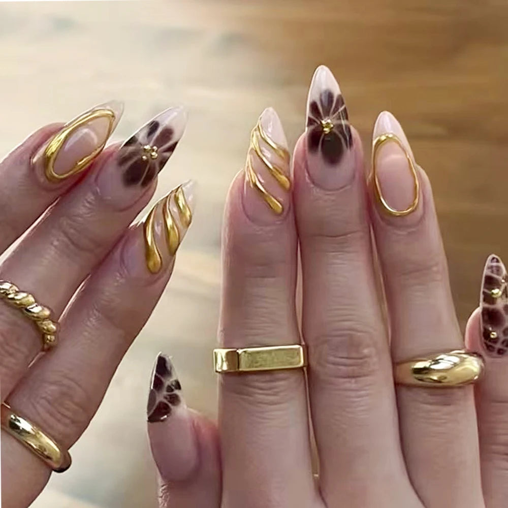 24 pièces ongles faux français cercueil longs rétro fleurs perles caviar design floral doré creux press on Y2k acrylique faux ongles
