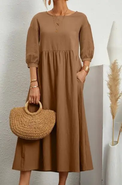 Women's Cotton Linen Dress Summer Fashion Vintage Loose Solid Lantern Sleeve Pocket Dresses O-Neck Long Femel Robe Ladies Wear