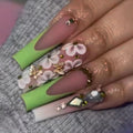 24 faux ongles carrés longs à poser avec imprimé léopard, design français 3D cerise, strass, couvrant entièrement