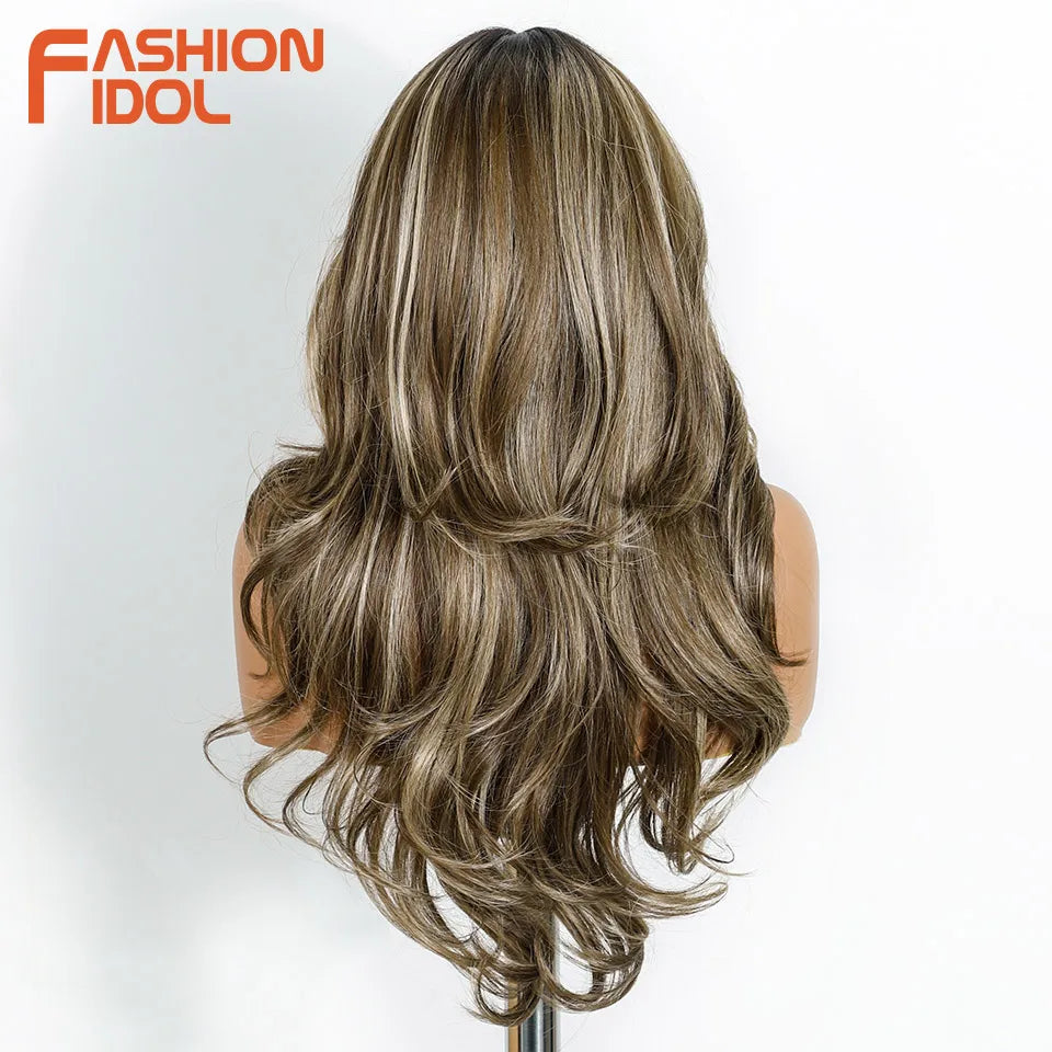 FASHION IDOL 24 Inch Long Loose Body Wavy Lace Front Wigs For Women Pre-Cut Pre Plucked Lace Wigs Ombre Blonde White Cosplay Wig