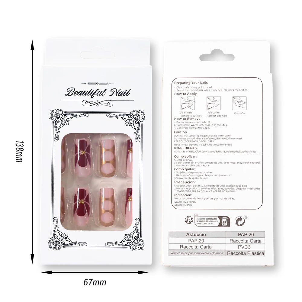 24 pièces ongles faux français cercueil longs rétro fleurs perles caviar design floral doré creux press on Y2k acrylique faux ongles