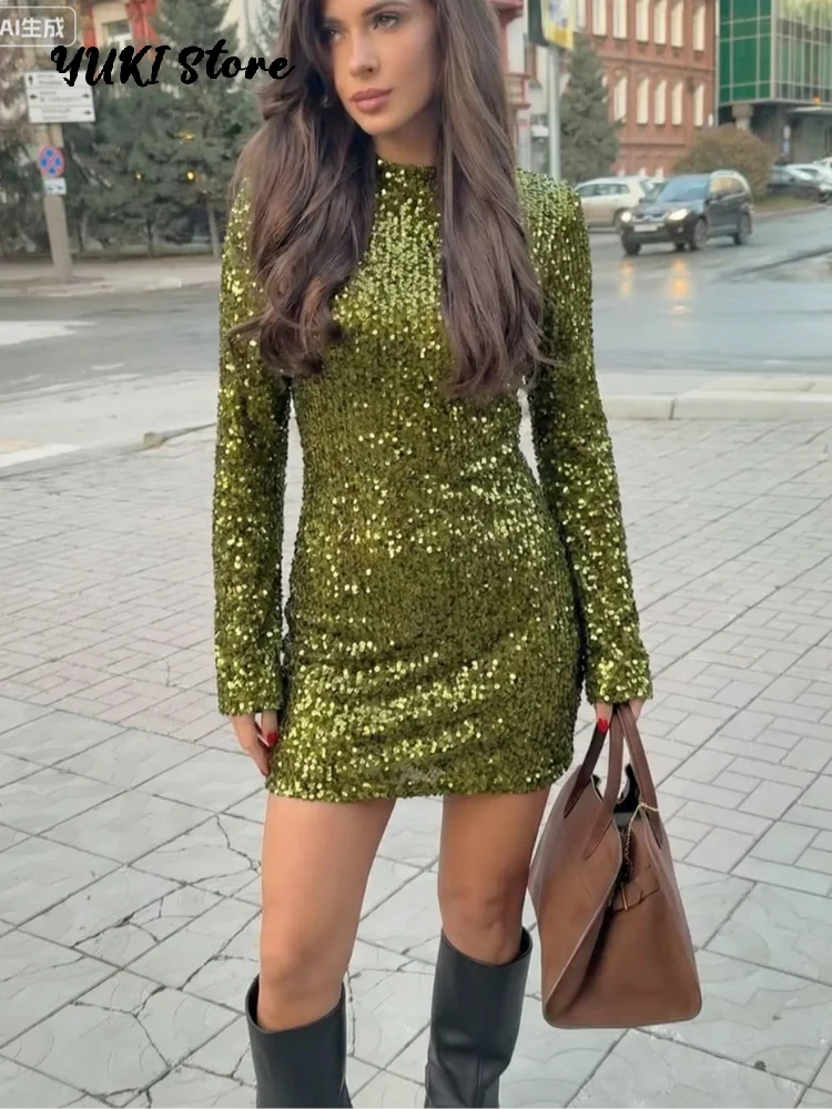 Green Sequined Mini Dress Women O-neck Long Flare Sleeve Shoulder Pad Slim Party Dresses 2026 Spring New Lady Evening Gowns