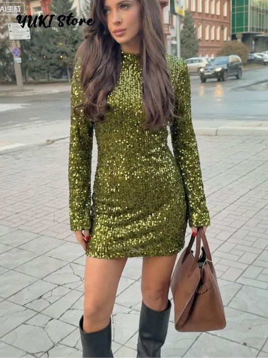 Green Sequined Mini Dress Women O-neck Long Flare Sleeve Shoulder Pad Slim Party Dresses 2026 Spring New Lady Evening Gowns