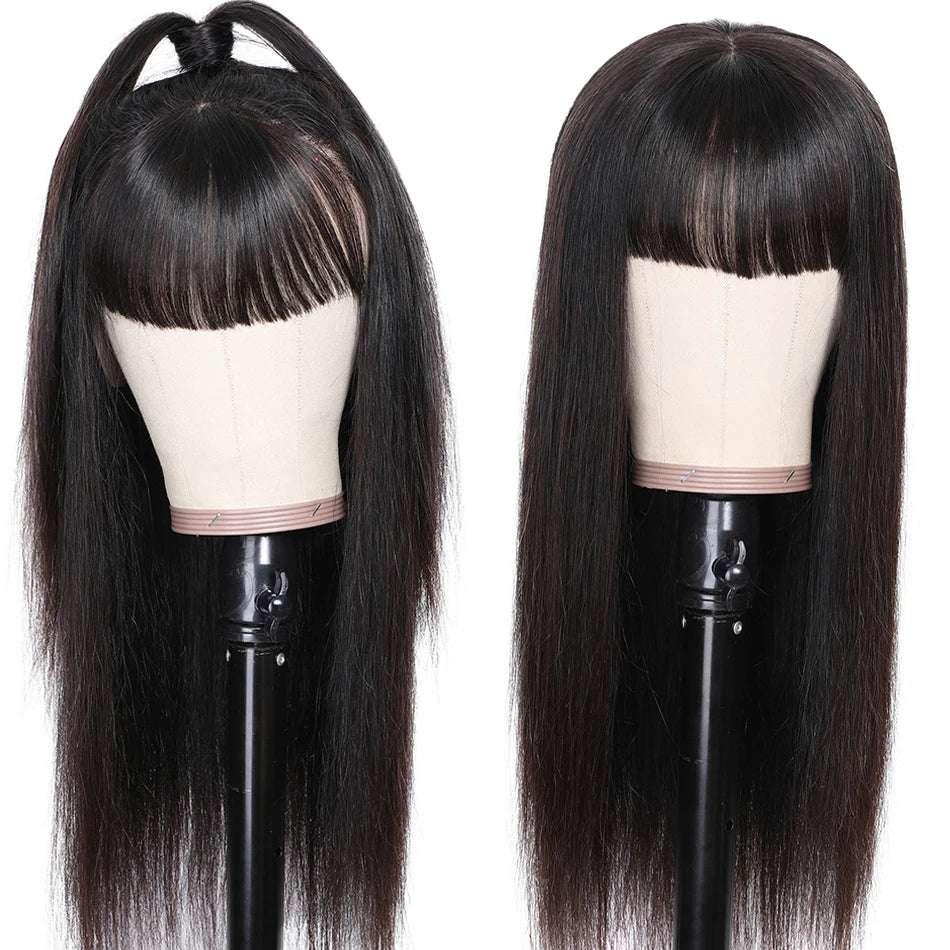 Peruvian Straight Human Hair Wig With Bangs Full Machine Made Wig 250% Density Perruques Cheveux Humains Cheap On Sale Clearance