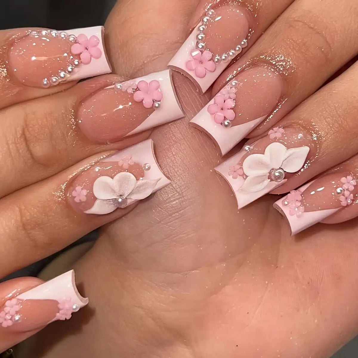 24 pièces ongles faux français cercueil longs rétro fleurs perles caviar design floral doré creux press on Y2k acrylique faux ongles