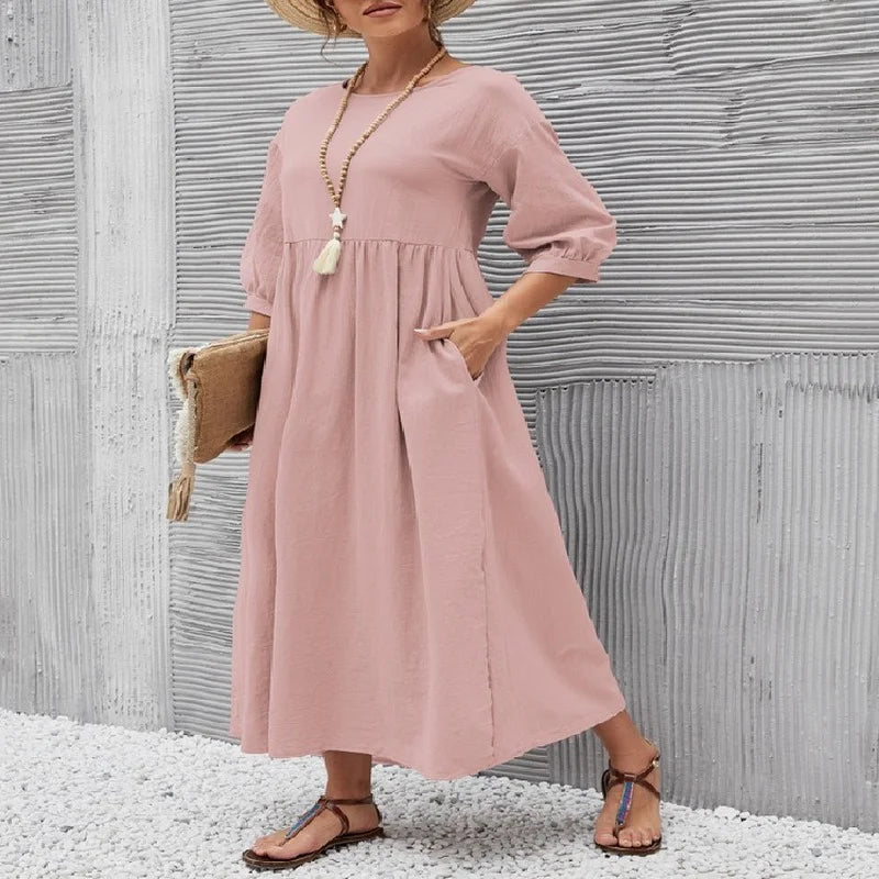 Women's Cotton Linen Dress Summer Fashion Vintage Loose Solid Lantern Sleeve Pocket Dresses O-Neck Long Femel Robe Ladies Wear