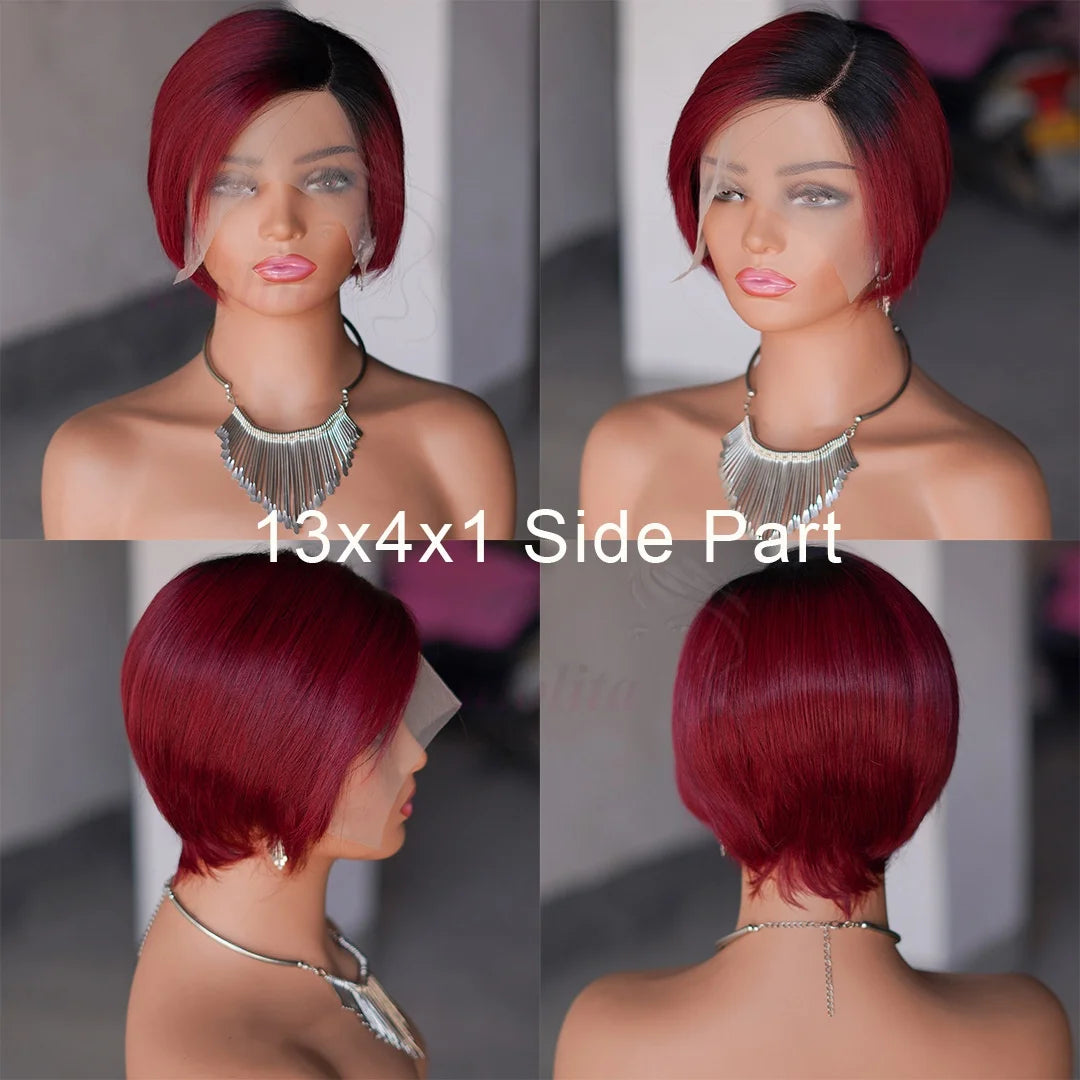 OmbreT1B/99J Short Pixie Cut malaysianRemy Human Hair Wigs To Wear Glueless Straight Hair Perruques Bob Court Cheveux Humains
